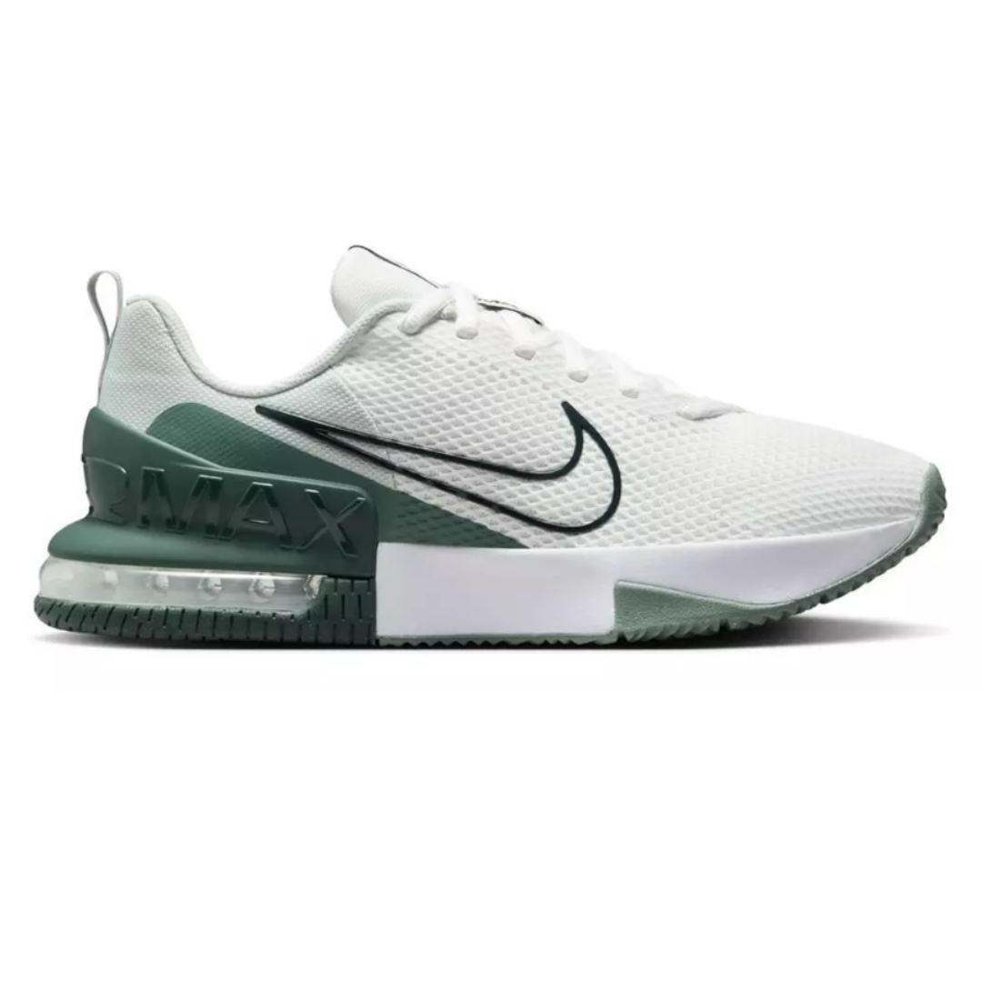 Nike shoe with a white mesh upper, dark green heel, Air Max cushioning, and a black Swoosh logo.
