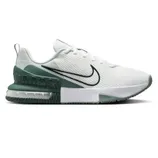 Nike shoe with a white mesh upper, dark green heel, Air Max cushioning, and a black Swoosh logo.