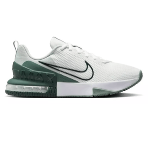 Nike shoe with a white mesh upper, dark green heel, Air Max cushioning, and a black Swoosh logo.