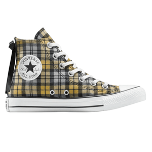 High-top Converse All Star sneaker with a yellow and black plaid pattern, featuring white laces and a white rubber sole with black accents.