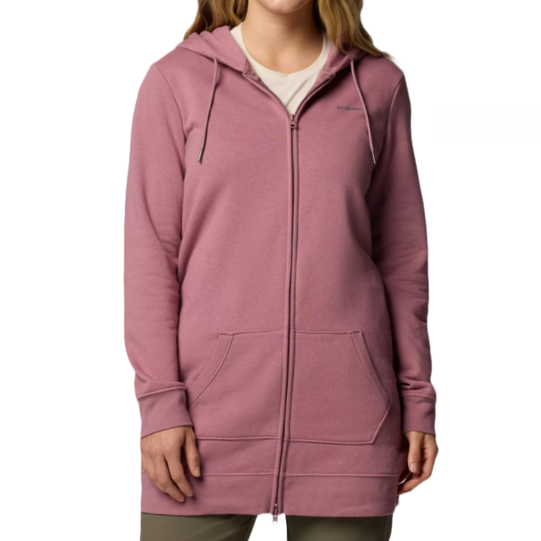Columbia Burr Trail Full-Zip Hoodie is a pink, long-sleeve hoodie with a front zipper, drawstring hood, and front pockets, designed for casual wear.