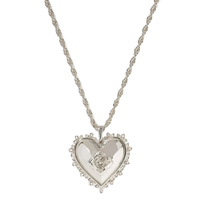 Silver heart-shaped pendant necklace featuring a rose design in the center, attached to a twisted rope chain.
