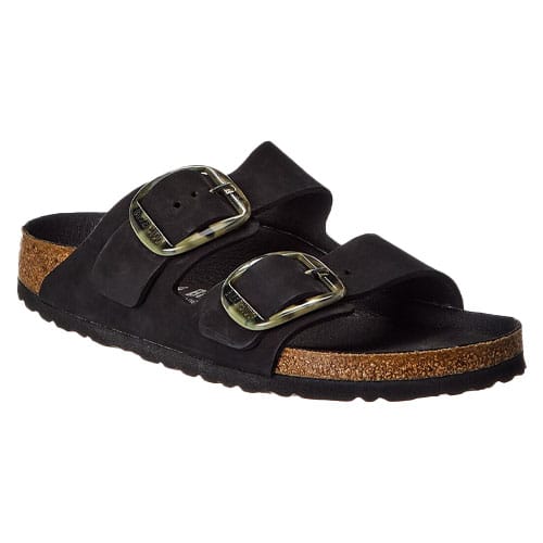 Black sandal with two adjustable straps and buckles, featuring a cork footbed and black sole.