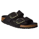 Black sandal with two adjustable straps and buckles, featuring a cork footbed and black sole.
