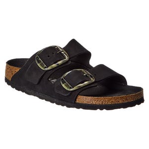 Black sandal with two adjustable straps and buckles, featuring a cork footbed and black sole.