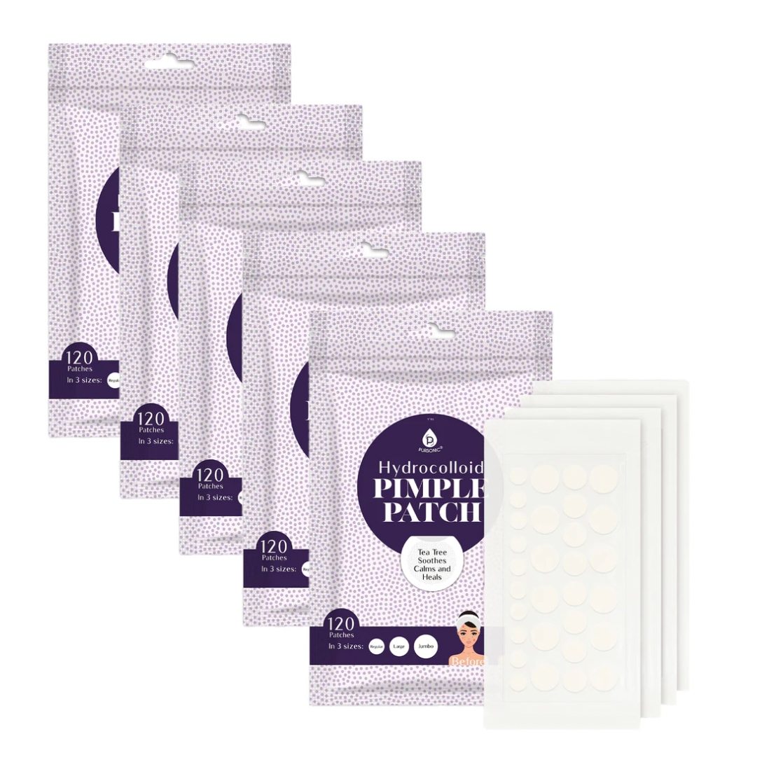 120-count Pursonic Hydrocolloid Pimple Patches contain patches in three sizes and include tea tree oil to soothe, calm, and heal skin.