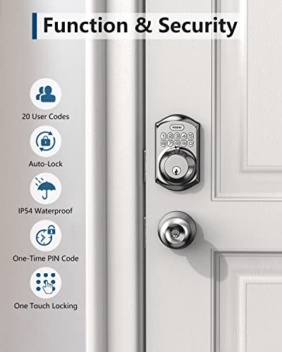 Keypad door lock with features: 20 user codes, auto-lock, IP54 waterproof, one-time PIN code, and one-touch locking.