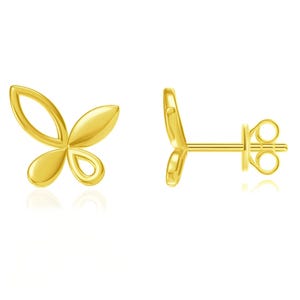 Gold-toned butterfly-shaped stud earrings with a minimalist design, featuring a trio of petal-like elements and a standard post with backings.