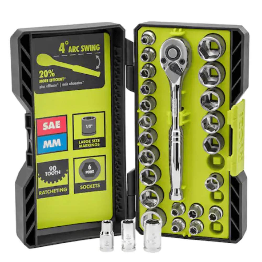 A socket set with a ratchet wrench includes SAE and metric sizes, featuring a 90-tooth design, 6-point sockets, and a 4° arc swing, stored in a compact case.