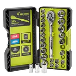 A socket set with a ratchet wrench includes SAE and metric sizes, featuring a 90-tooth design, 6-point sockets, and a 4° arc swing, stored in a compact case.