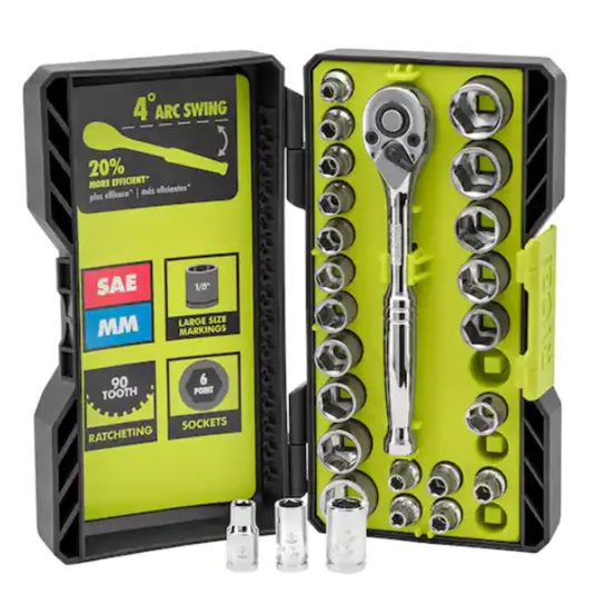 A socket set with a ratchet wrench includes SAE and metric sizes, featuring a 90-tooth design, 6-point sockets, and a 4° arc swing, stored in a compact case.