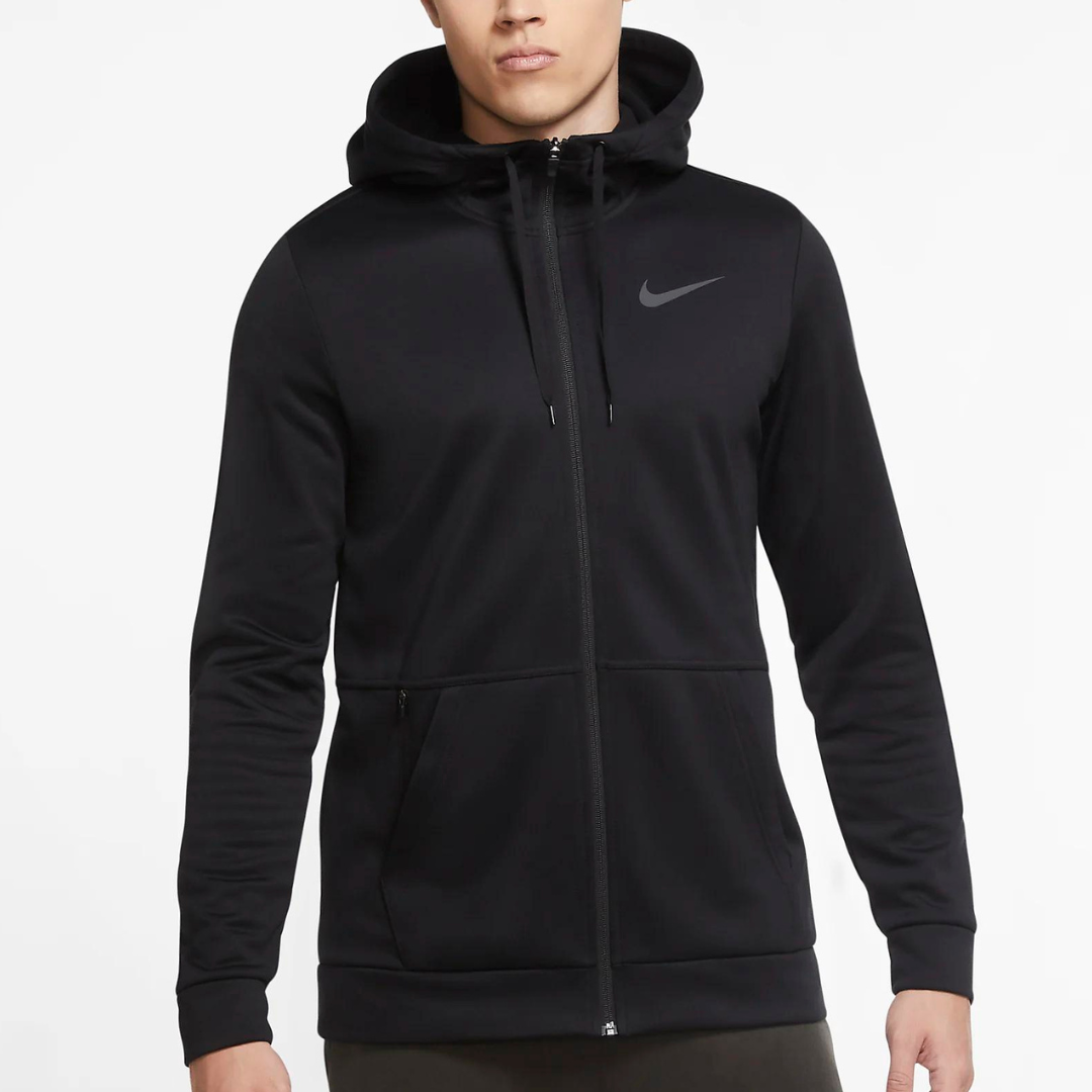 A black Nike Therma Full-Zip Hoodie featuring a hood, front zip closure, and side pockets, with the Nike logo on the chest.