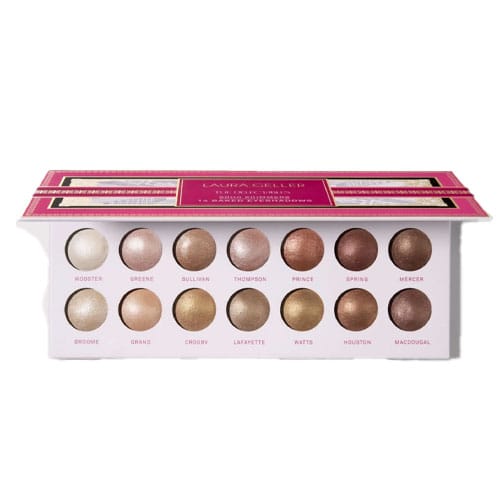 Laura Geller The Delectables Baked Eyeshadow palette with 14 shades, including neutrals and warm tones like gold, bronze, and brown.