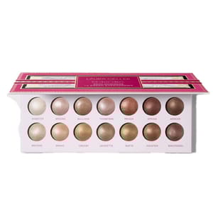 Laura Geller The Delectables Baked Eyeshadow palette with 14 shades, including neutrals and warm tones like gold, bronze, and brown.