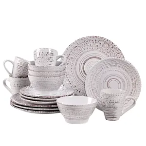 This is a 16-piece stoneware dinnerware set featuring a textured pattern, including four dinner plates, four salad plates, four bowls, and four mugs, all in a coordinated beige color.