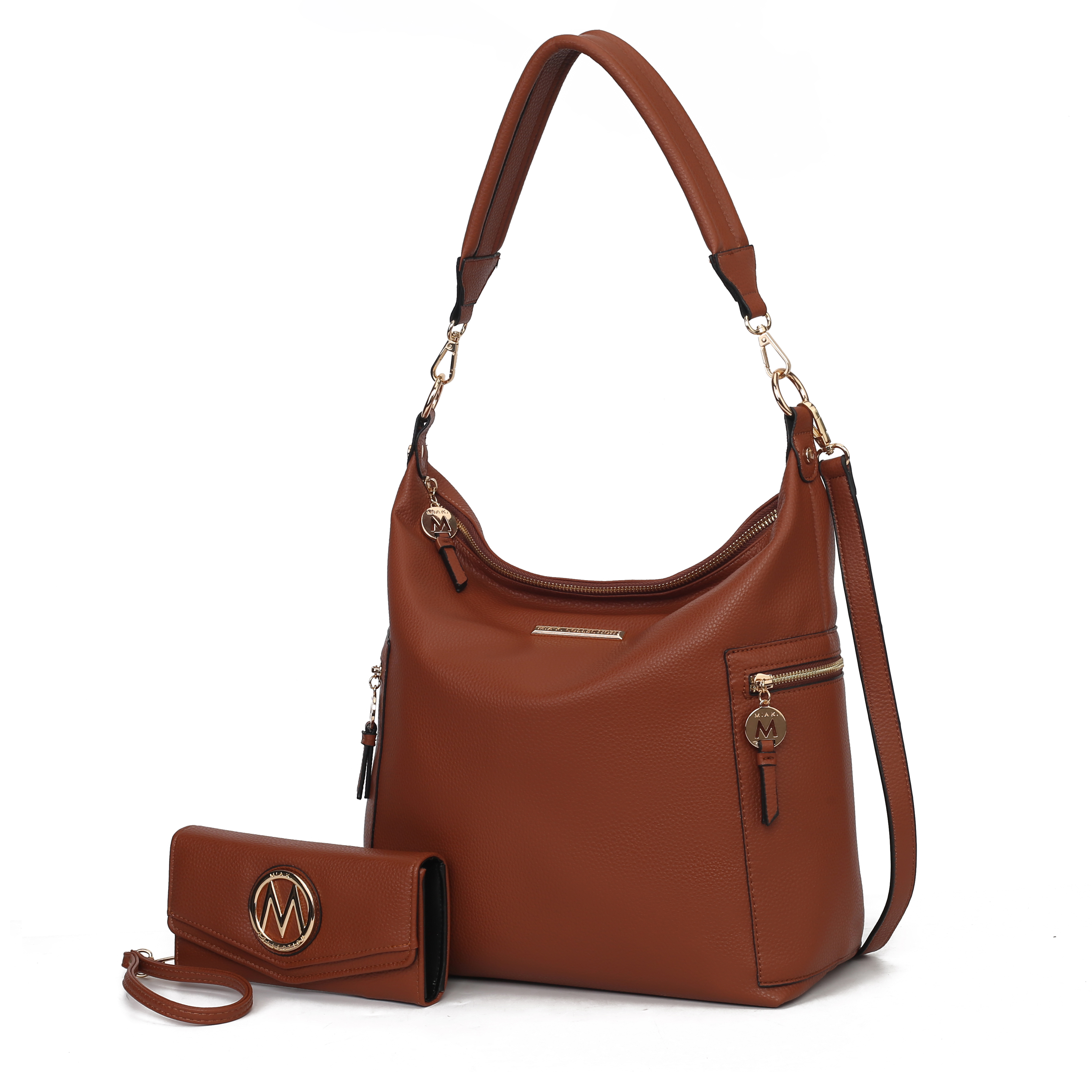 Tan leather handbag with gold hardware and matching wallet, both featuring a circular emblem with an \“M\“.