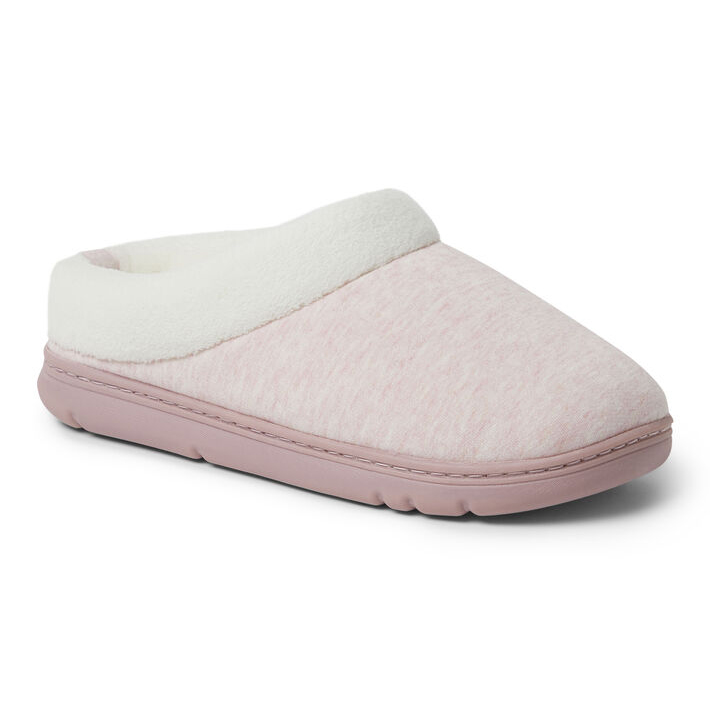 Pink slip-on clogs with a soft, fluffy white lining and a cushioned sole, designed for comfort.