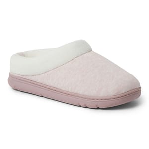 Pink slip-on clogs with a soft, fluffy white lining and a cushioned sole, designed for comfort.