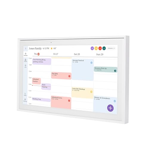 A digital wall-mounted family organizer display showing a calendar with scheduled events and weather updates.