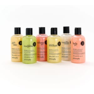Philosophy Shower Gel Set includes six 240 ml bottles with scents: Vanilla Birthday Cake, Senorita Margarita, Cabana Girl, Iced Mint Lemonade, Vanilla Coconut, and Hula Girl.