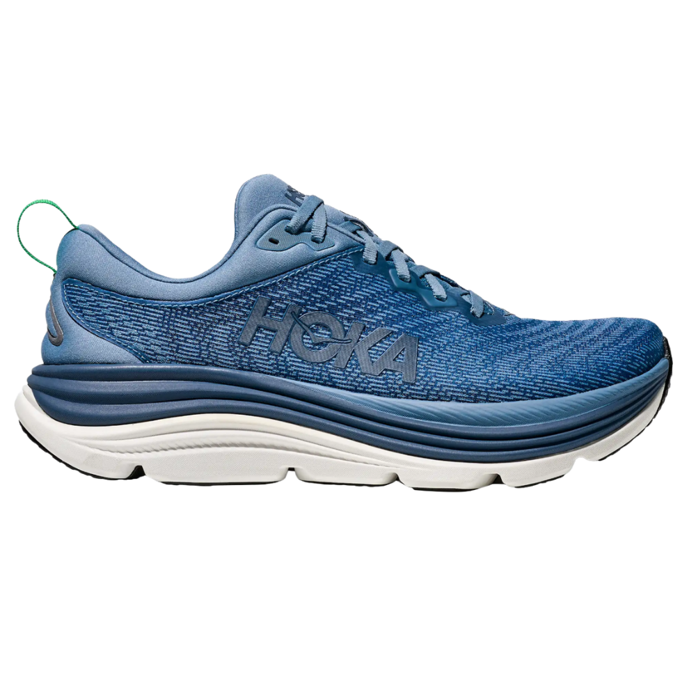 Blue Hoka running shoe with a thick white sole and blue mesh upper, featuring the brand logo on the side.