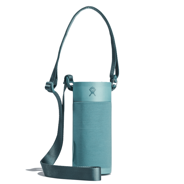 A teal Hydro Flask water bottle with a matching adjustable shoulder strap holder.