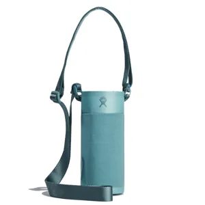 A teal Hydro Flask water bottle with a matching adjustable shoulder strap holder.