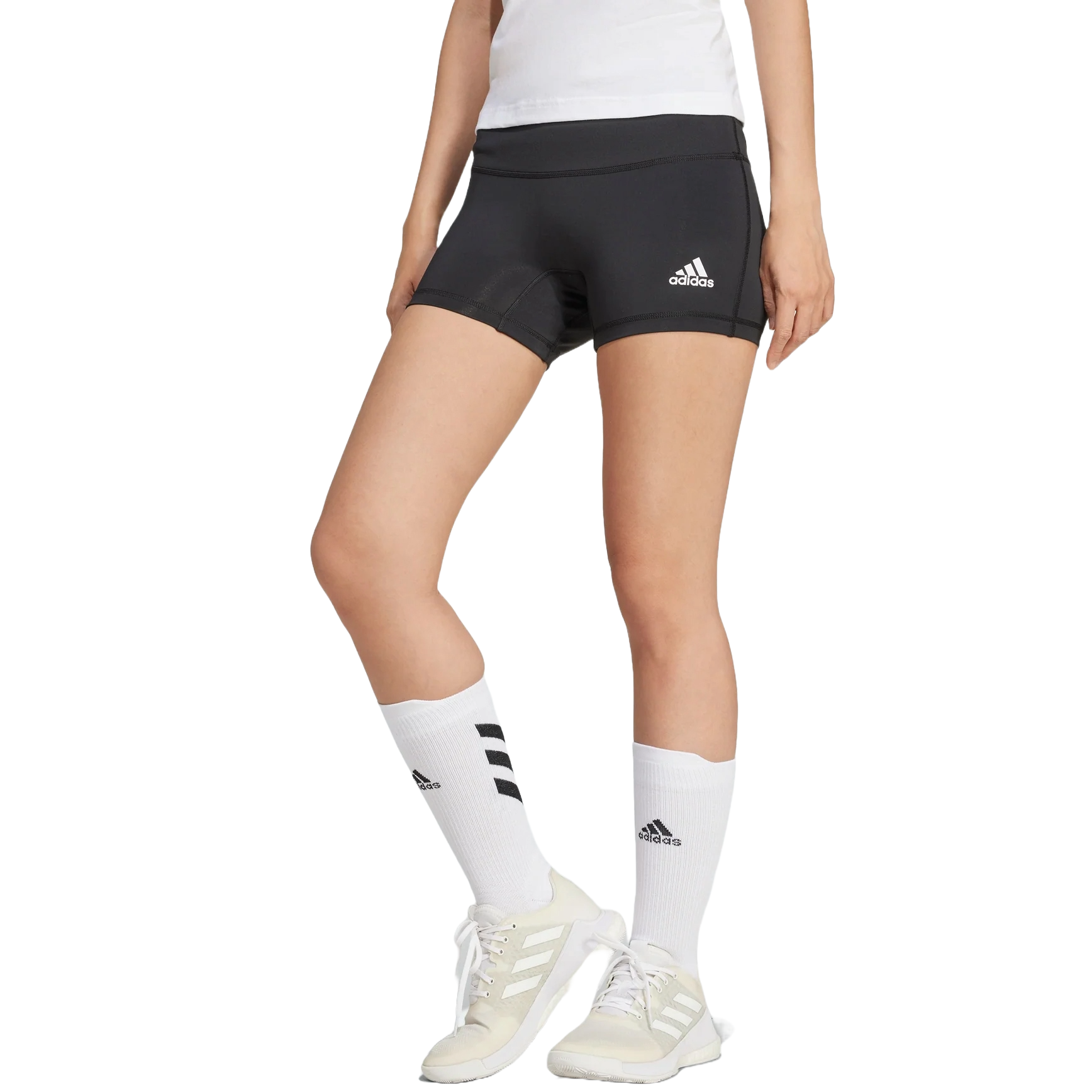 Adidas 4\“ athletic shorts, black with the white Adidas logo on the left thigh, designed for a snug fit. Worn with white knee-high socks and Adidas sneakers.