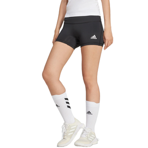 Adidas 4\“ athletic shorts, black with the white Adidas logo on the left thigh, designed for a snug fit. Worn with white knee-high socks and Adidas sneakers.