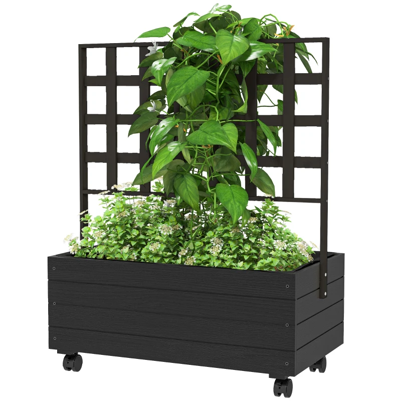 A black, rectangular planter box with a lattice trellis and caster wheels, featuring climbing and flowering plants for mobile gardening.