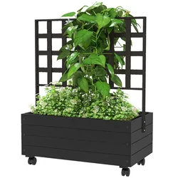 A black, rectangular planter box with a lattice trellis and caster wheels, featuring climbing and flowering plants for mobile gardening.