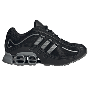 A black athletic shoe with gray accents, featuring distinctive sole cushioning and four diagonal stripes on the side.
