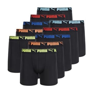 A set of men's boxer briefs in black with varying colored waistbands, featuring the Puma logo in orange, blue, red, and neon green.