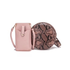 Two small handbags with shoulder straps; one is pastel pink with a front flap, and the other has a round shape with a pink and brown snakeskin pattern.