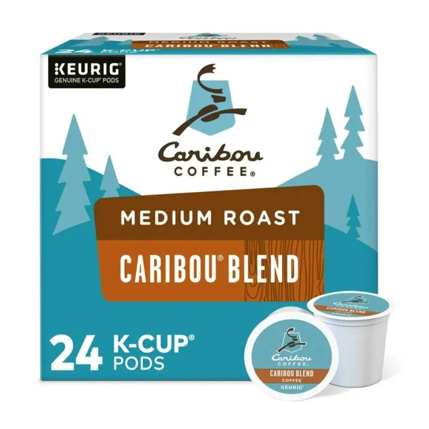 A box of Caribou Coffee Medium Roast Caribou Blend Keurig K-Cup Pods containing 24 pods.
