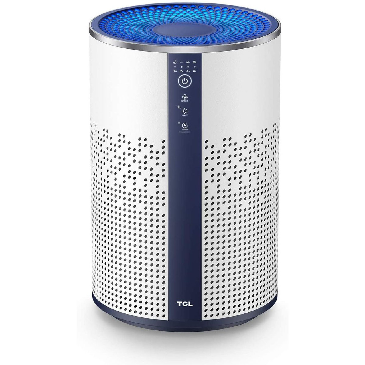 A TCL air purifier with a cylindrical design featuring perforated sides, a blue-lit top, and control buttons on the front.