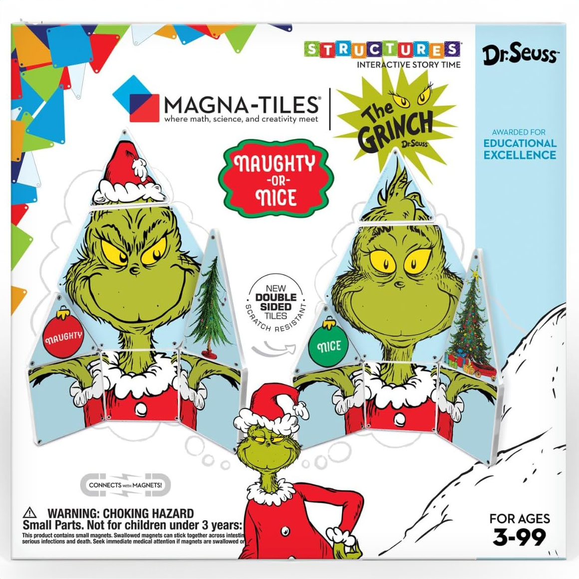 Magna-Tiles Grinch Set features double-sided, scratch-resistant tiles with \“Naughty\“ and \“Nice\“ designs of the Grinch. It's an interactive educational toy for ages 3-99, combining math, science, and creativity, with a warning for small parts.