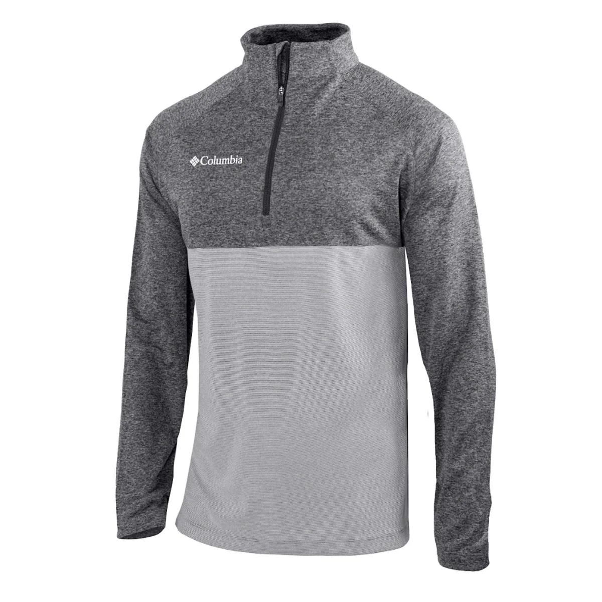A gray Columbia quarter-zip pullover with a textured upper section, long sleeves, and a relaxed fit.