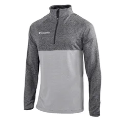 A gray Columbia quarter-zip pullover with a textured upper section, long sleeves, and a relaxed fit.