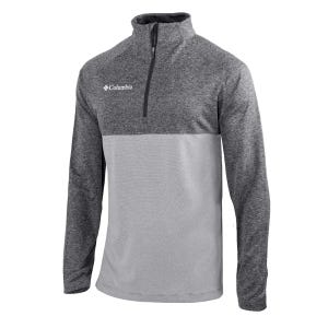 A gray Columbia quarter-zip pullover with a textured upper section, long sleeves, and a relaxed fit.