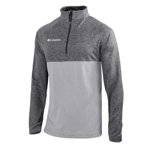 A gray Columbia quarter-zip pullover with a textured upper section, long sleeves, and a relaxed fit.