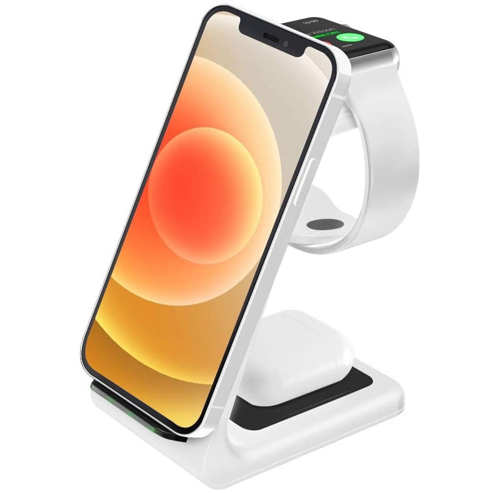 A 3-in-1 wireless charging station in white designed to charge a smartphone, smartwatch, and earbuds simultaneously, with dedicated sections for each device.