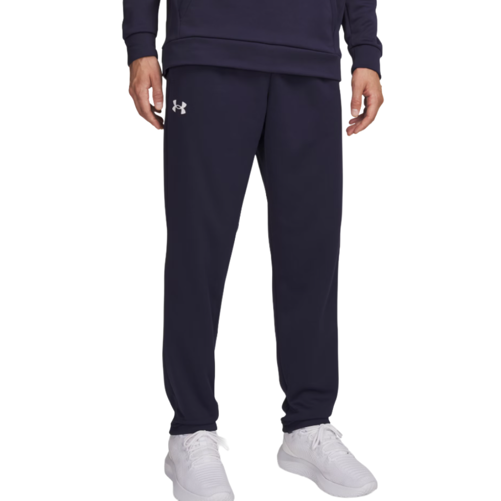 Navy blue Under Armour sweatpants paired with white sneakers.