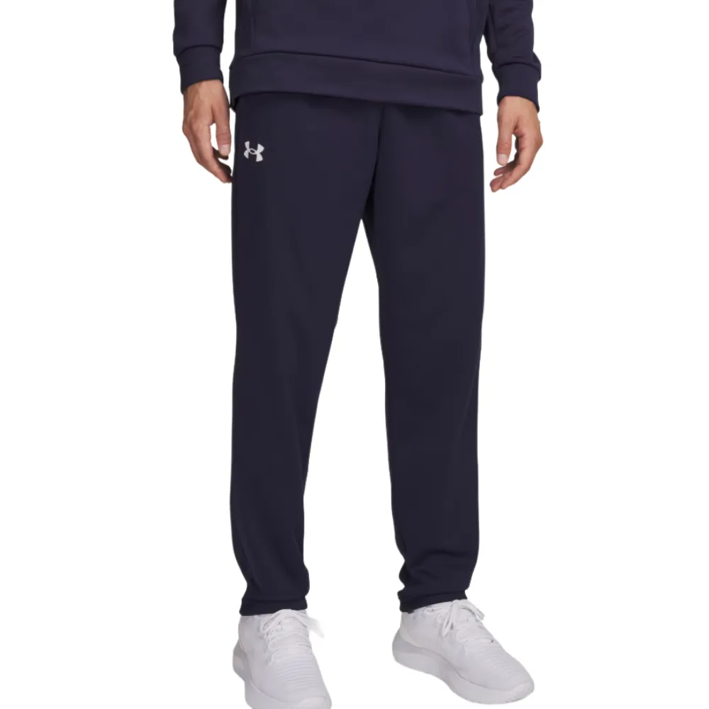 Navy blue Under Armour sweatpants paired with white sneakers.