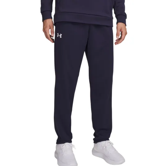 Navy blue Under Armour sweatpants paired with white sneakers.
