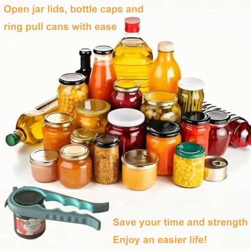 A variety of sealed jars and bottles with a tool for opening lids, caps, and pull tabs easily. Text emphasizes saving time and effort.