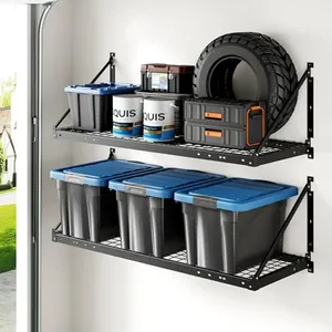 Wall-mounted metal shelving unit with two shelves, storing storage bins, paint cans, toolboxes, and a tire.