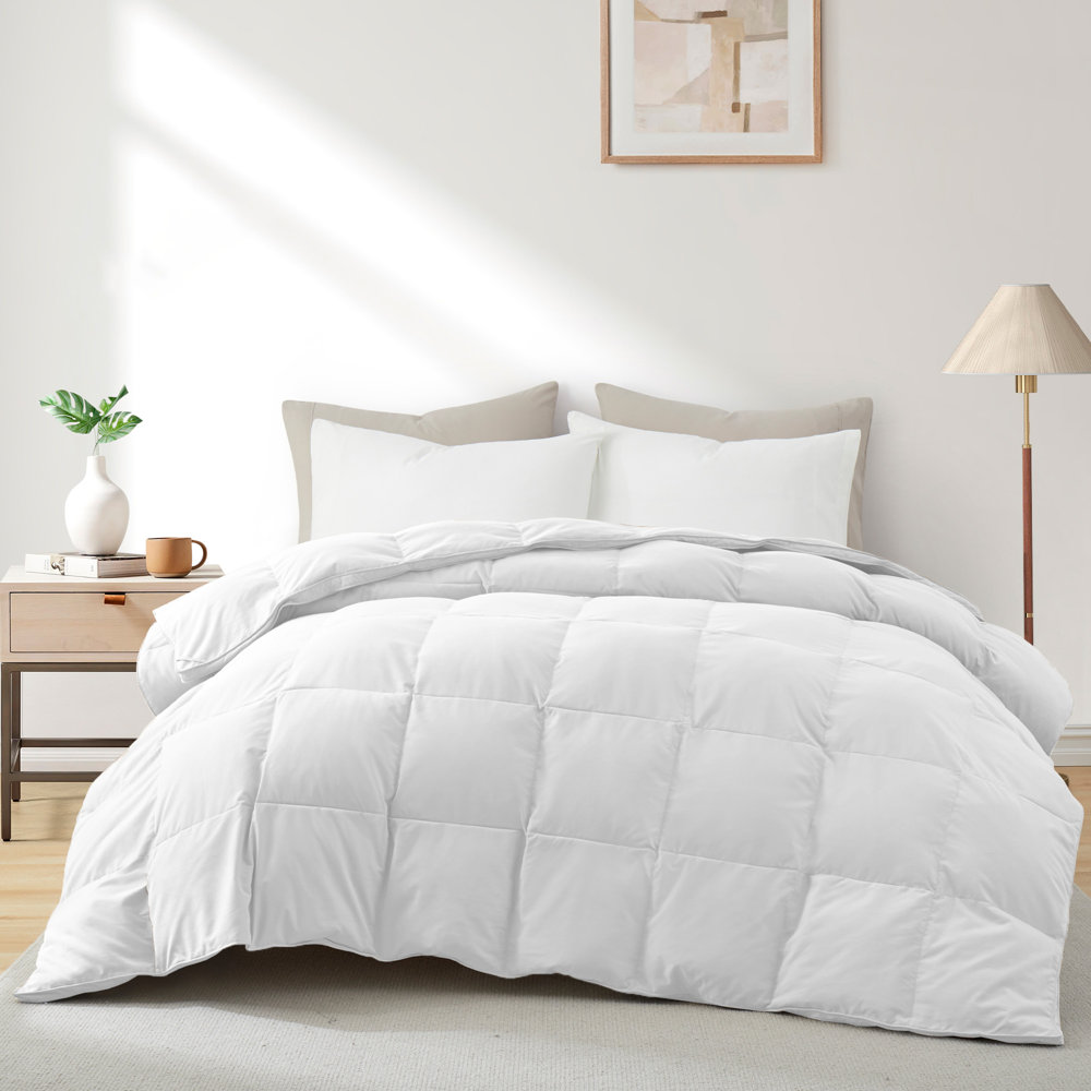 A white down and feather comforter with square stitching is displayed on a bed with two pillows, beside a nightstand with a lamp and plant.