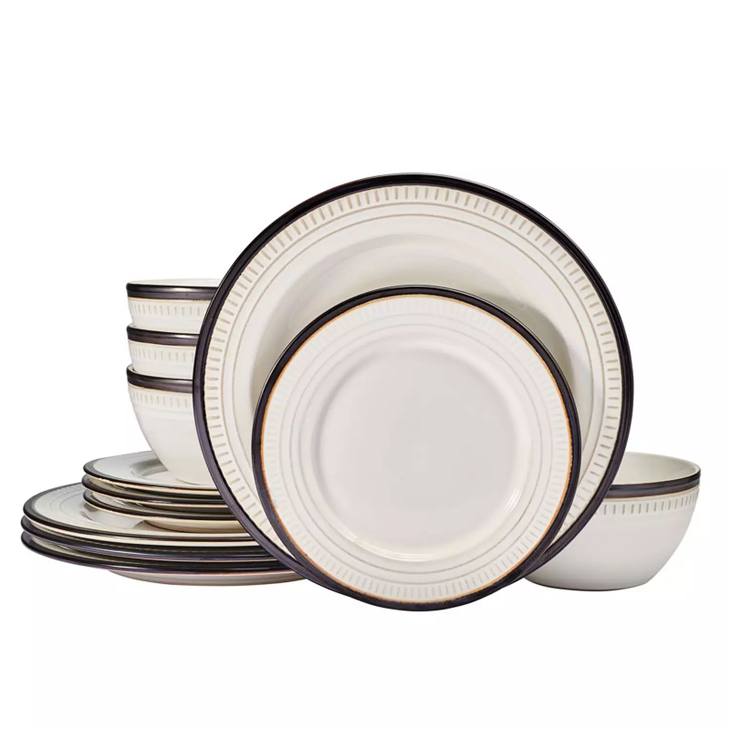 A 12-piece Food Network Biscotti dinnerware set featuring white plates, bowls, and salad plates with an embossed pattern and a dark rim. The set includes four dinner plates, four salad plates, and four bowls, all crafted from durable stoneware.