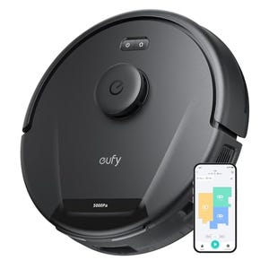 A Eufy L60 Robot Vacuum is shown alongside a smartphone displaying its control app; the vacuum is circular with a black finish and has a 5000Pa suction rating.